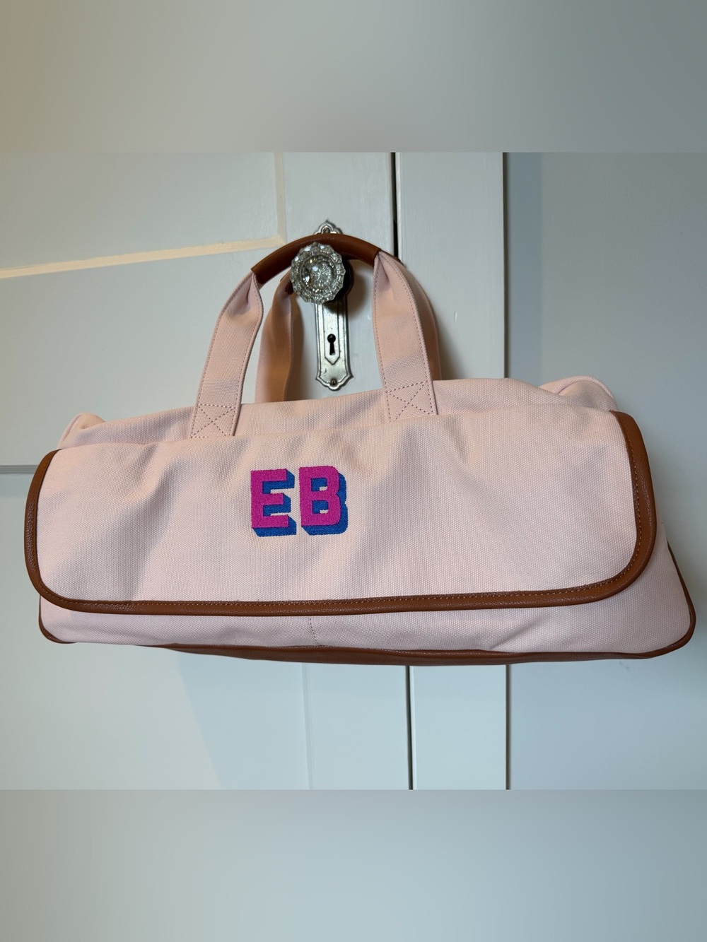 Pink Canvas Tote with EB Monogram and Brown Trim